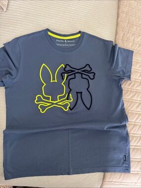 ⚡️⚡️SOLD⚡️⚡️Psycho Bunny  Slate Blue Tee with Neon Yellow & Black Logo